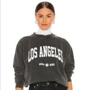 Designer Anine Bing Ramona University Sweatshirt in Washed Black, size small.